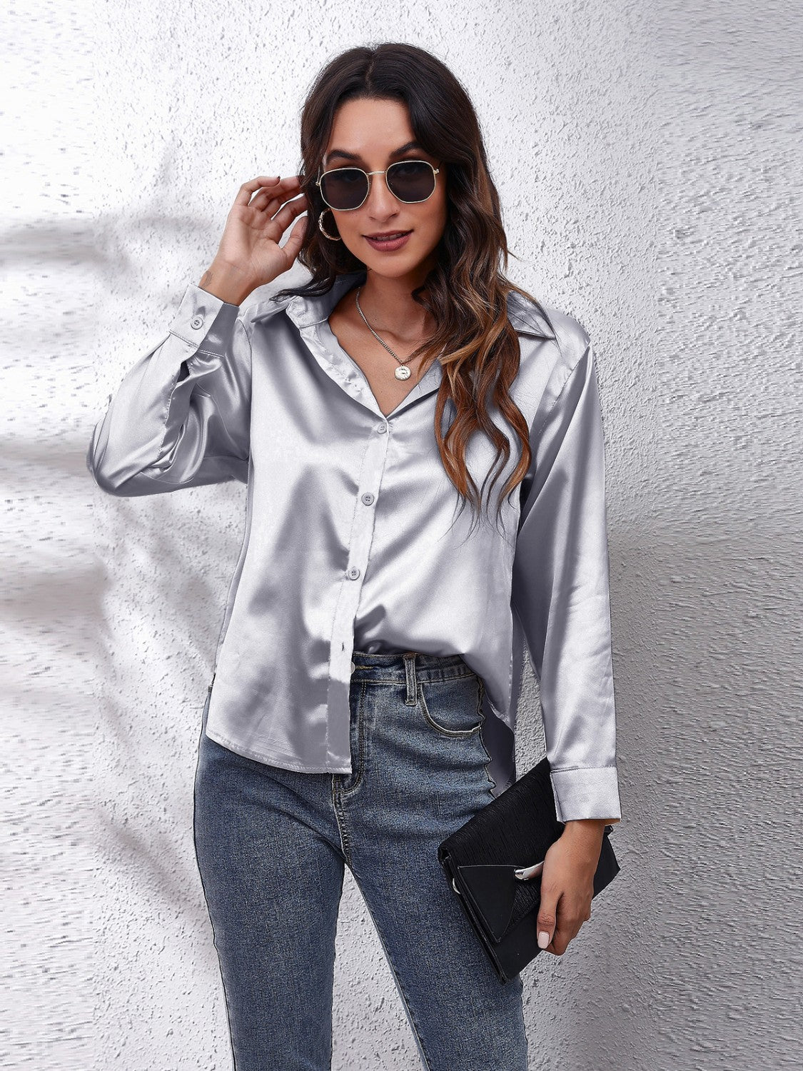 Button Up Collared Neck Long Sleeve Shirt Silver