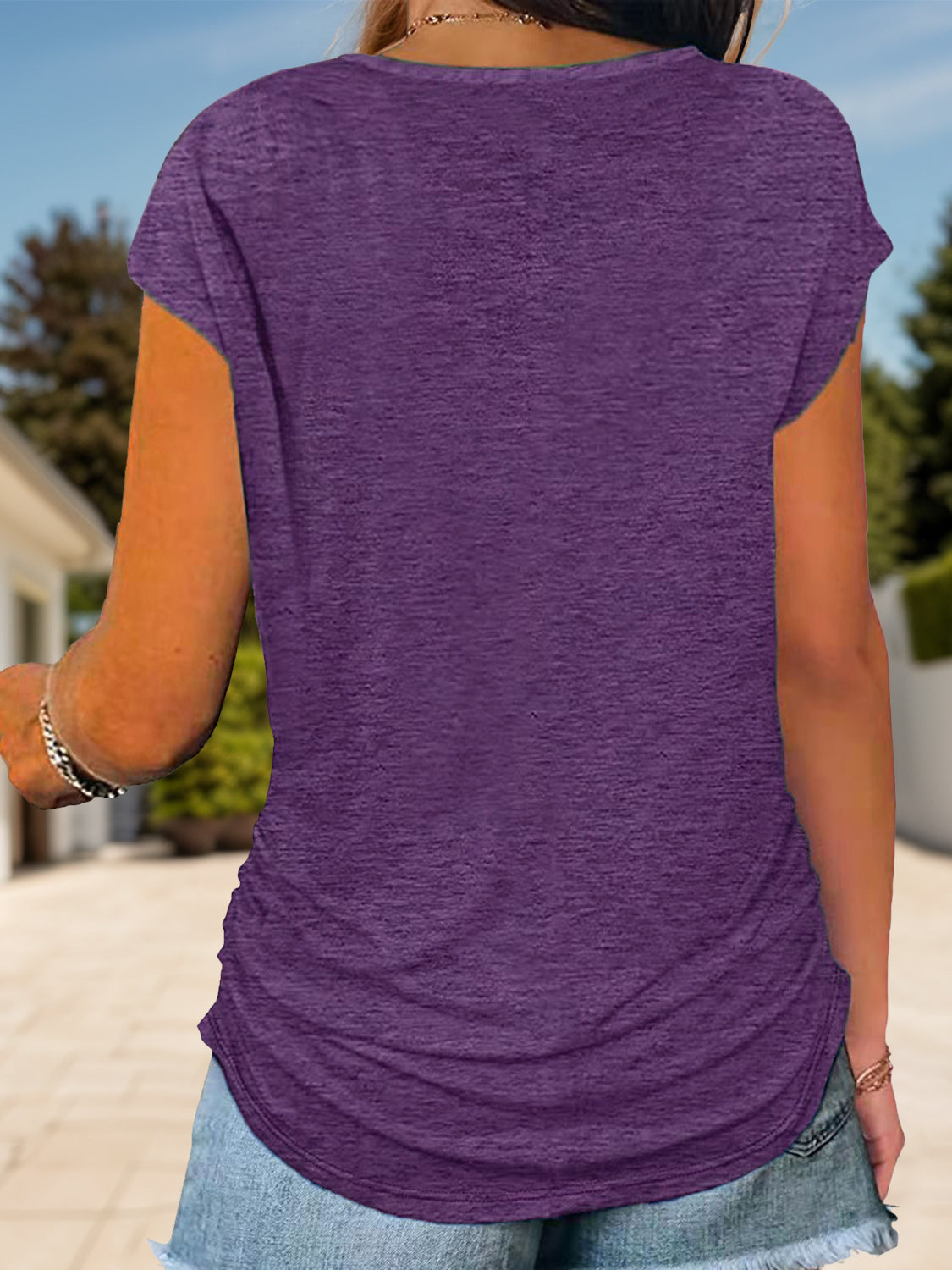 Full Size Half Zip Cap Sleeve T-Shirt Violet