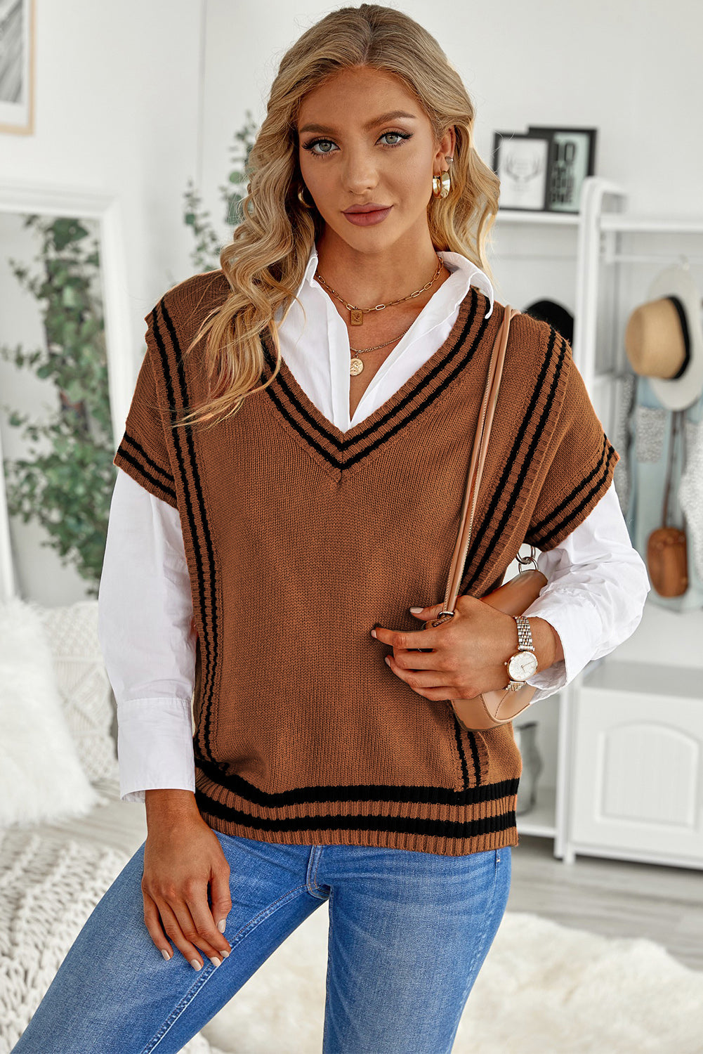 Striped V-Neck Short Sleeve Sweater Chestnut