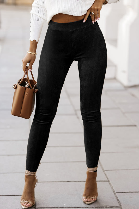 Black High Waist Faux Suede Skinny Leggings Black 90%Polyester+10%Elastane