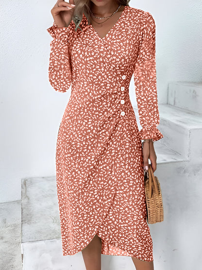 Full Size Printed Surplice Long Sleeve Midi Dress Burnt Coral