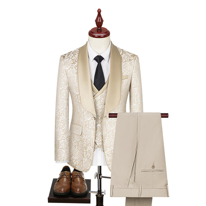 Men's Jacquard Suit Wedding Dress Suit Beige