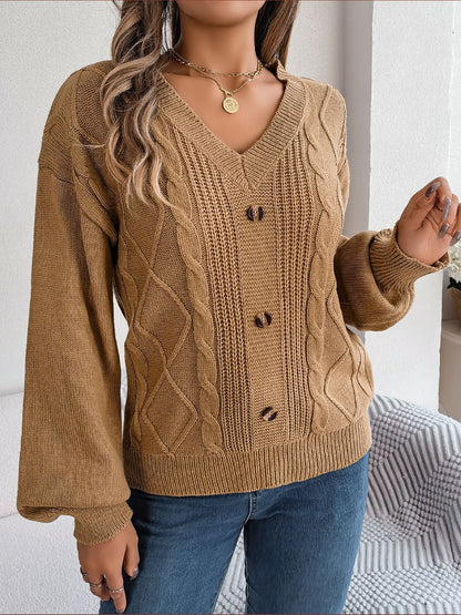 Cable-Knit Buttoned V-Neck Sweater Khaki