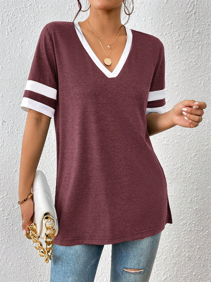 Contrast Trim V-Neck Short Sleeve T-Shirt Plum