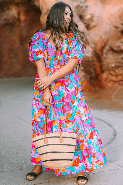 Multicolour Plus Size Floral Smocked Puff Sleeve Maxi Dress