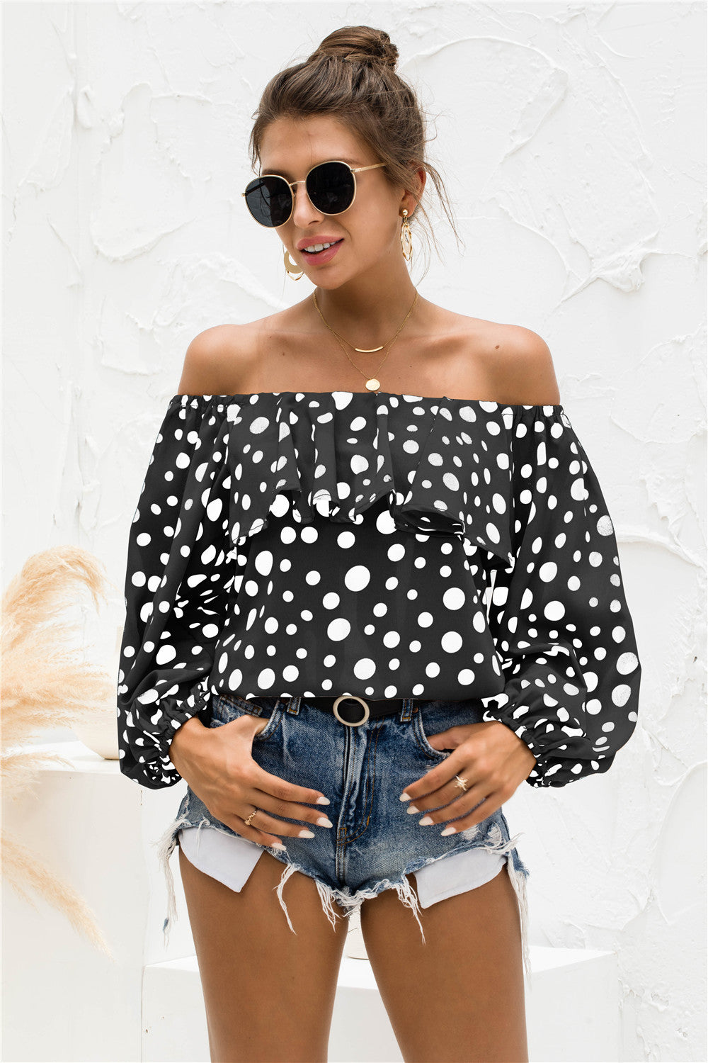 Polka Dot Off-Shoulder Layered Blouse - Thandynie