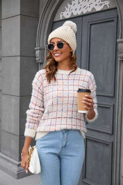 Plaid Round Neck Long Sleeve Pullover Sweater Multicolor