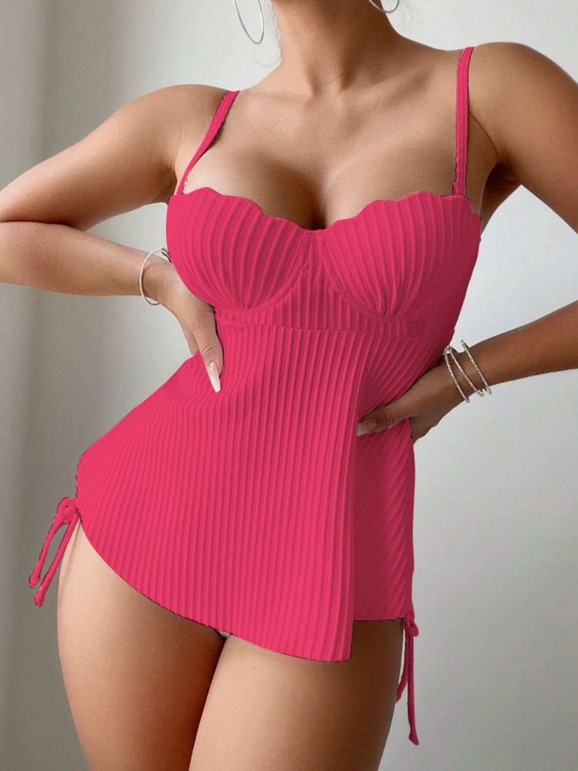 Textured Drawstring Spaghetti Strap Two-Piece Swim Set Hot Pink