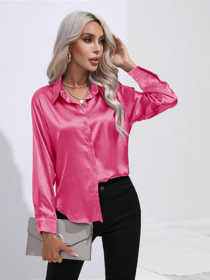 Collared Neck Buttoned Long Sleeve Shirt Hot Pink