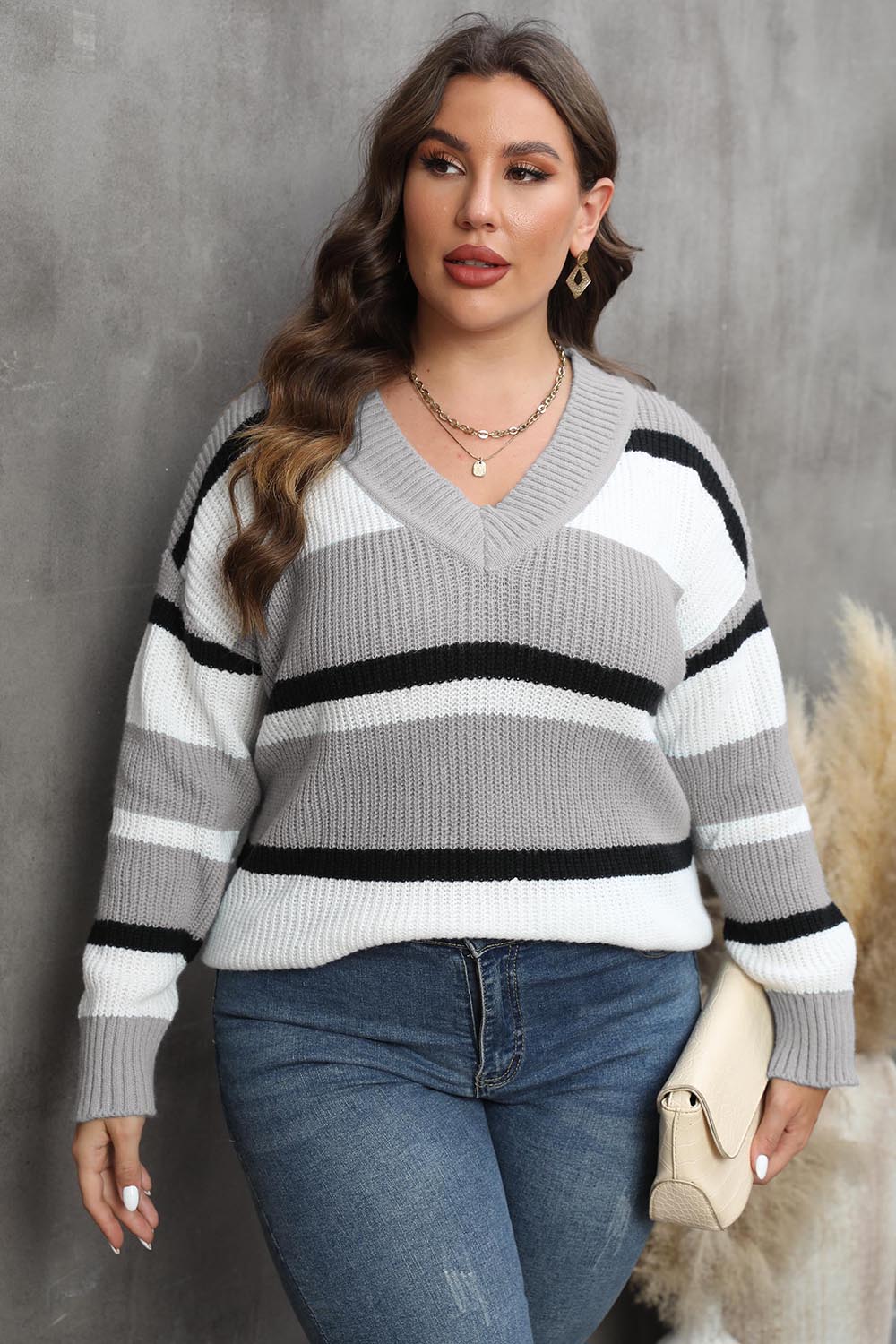 Plus Size Striped V-Neck Dropped Shoulder Sweater Heather Gray