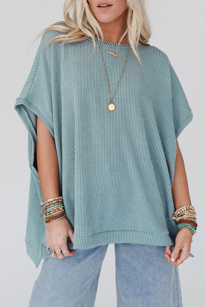 Sky Blue Ribbed Knit Batwing Sleeve Tunic Oversized T Shirt