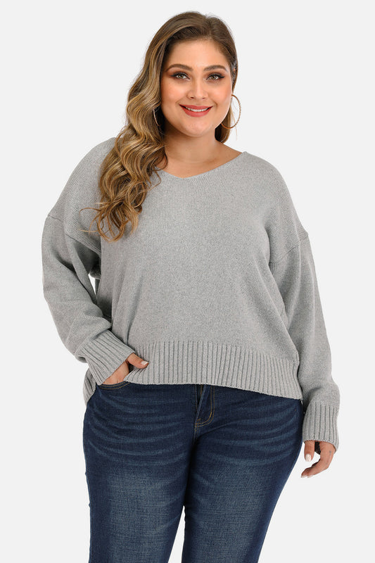 Plus Size V Neck Pullover Sweater Cloudy Blue