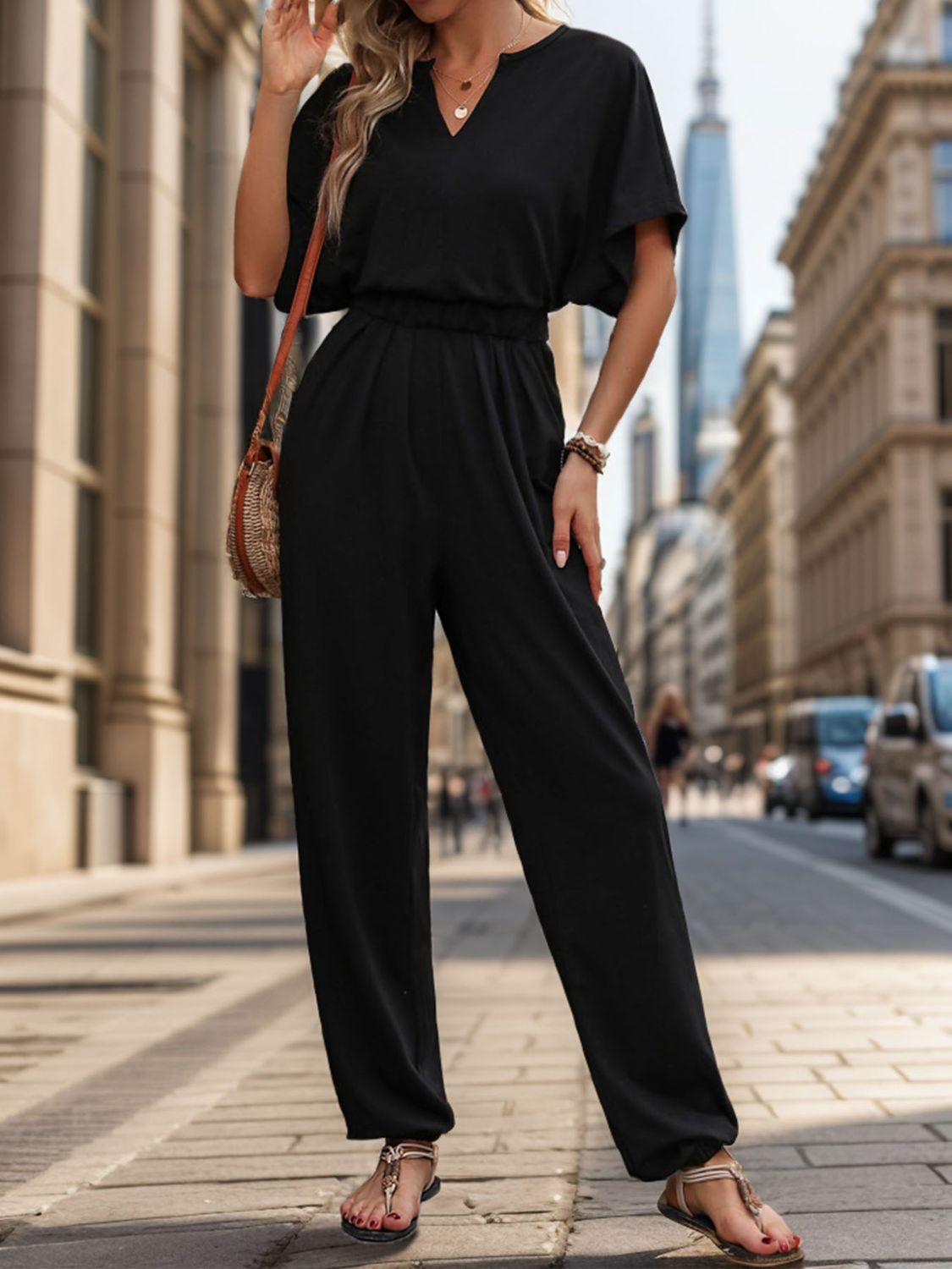 Notched Half Sleeve Straight Jumpsuit - Thandynie