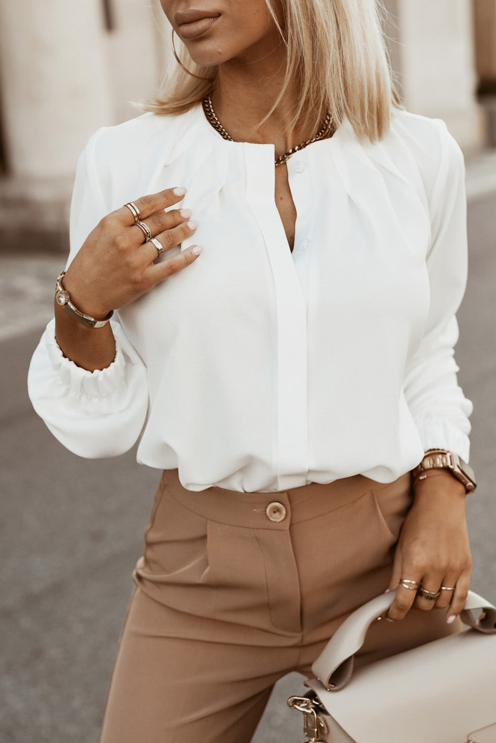 Button Up Round Neck Long Sleeve Shirt White