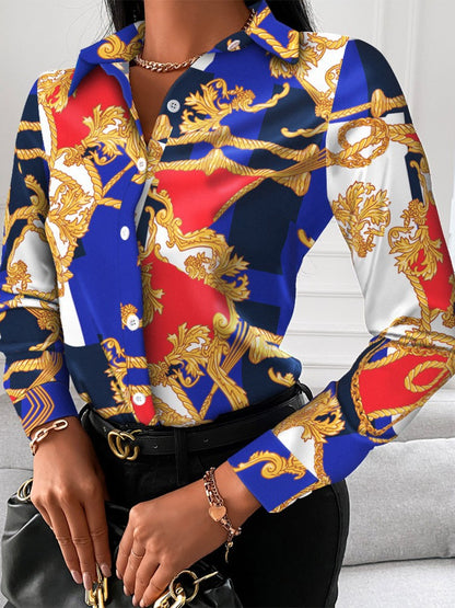 Printed Collared Neck Long Sleeve Shirt Royal Blue