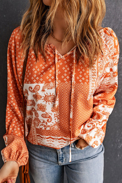 Bohemian Tie-Neck Balloon Sleeve Blouse Orange