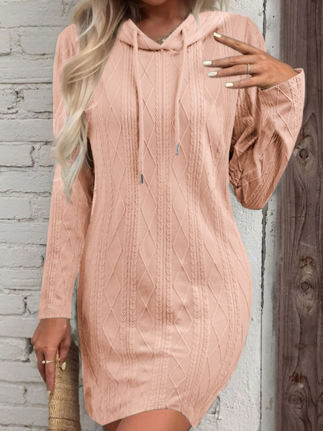 Drawstring Hooded Sweater Dress Dusty Pink