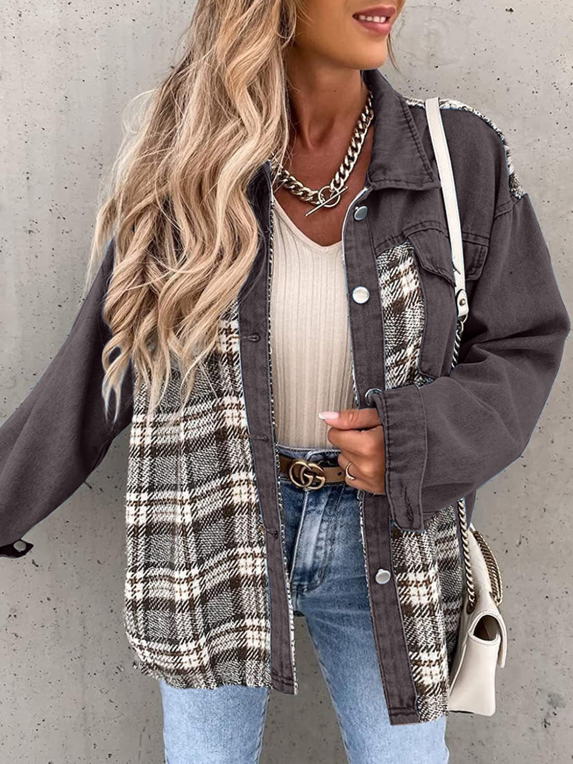 Plaid Button Up Dropped Shoulder Jacket Dark Gray