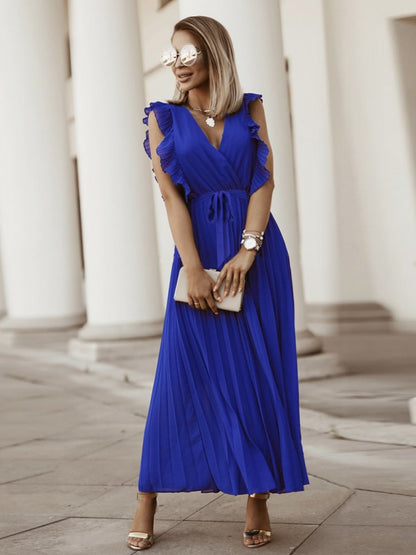 Tied Surplice Cap Sleeve Pleated Dress Dark Blue