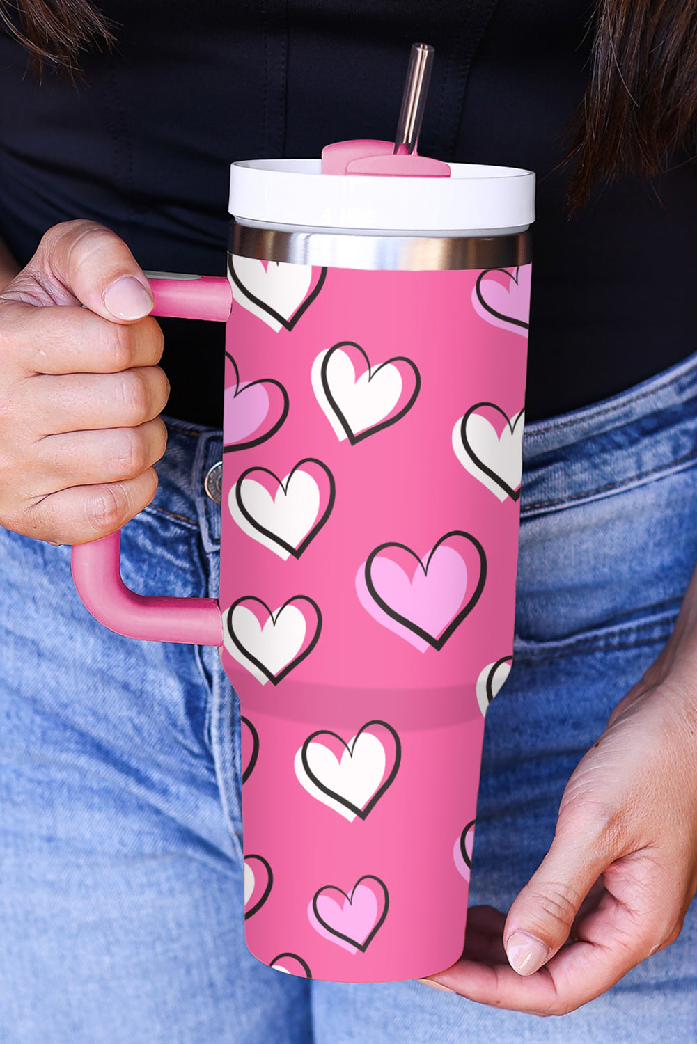 Rose Red Valentines Heart Printed Thermos Cup with Handle 40oz Rose Red ONE SIZE 100%Alloy