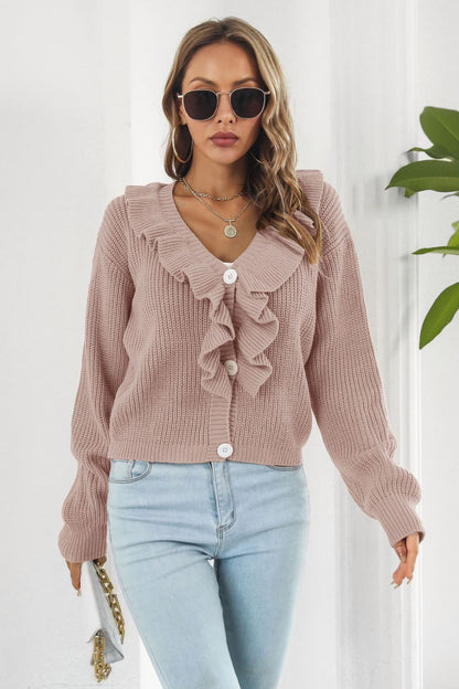 Ruffle Trim Button-Down Dropped Shoulder Sweater Dusty Pink