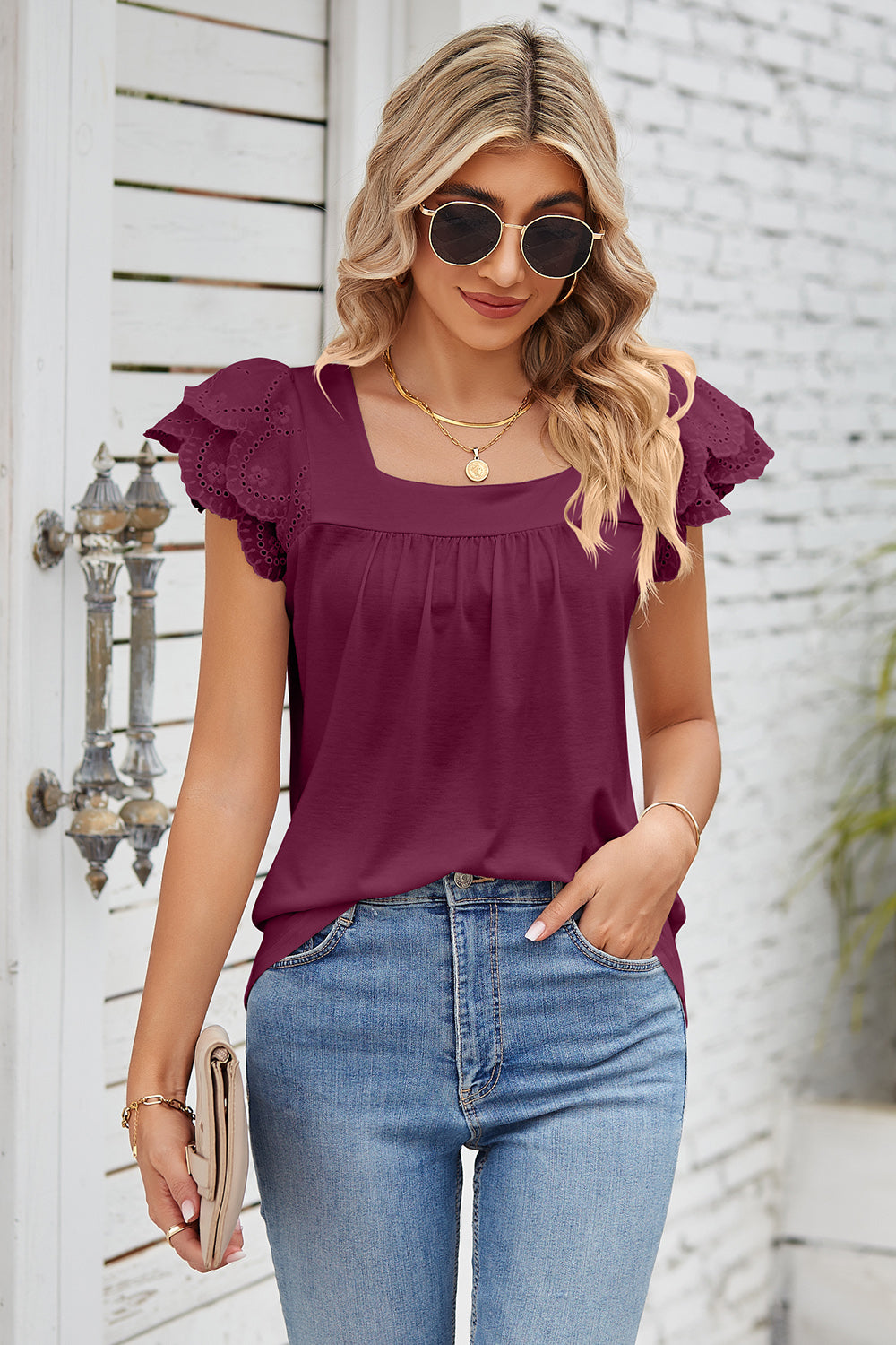 Eyelet Square Neck Cap Sleeve Blouse