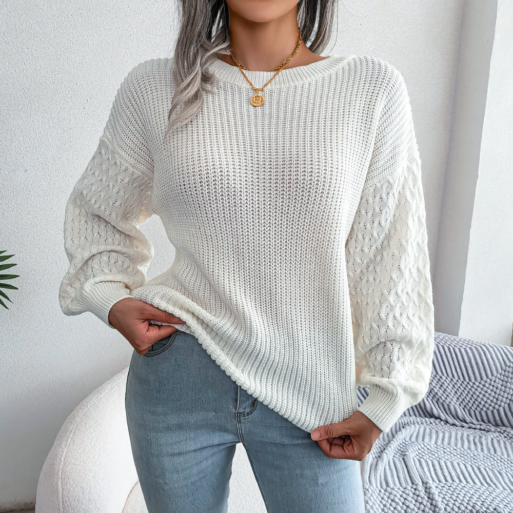 Mixed Knit Round Neck Dropped Shoulder Sweater White L