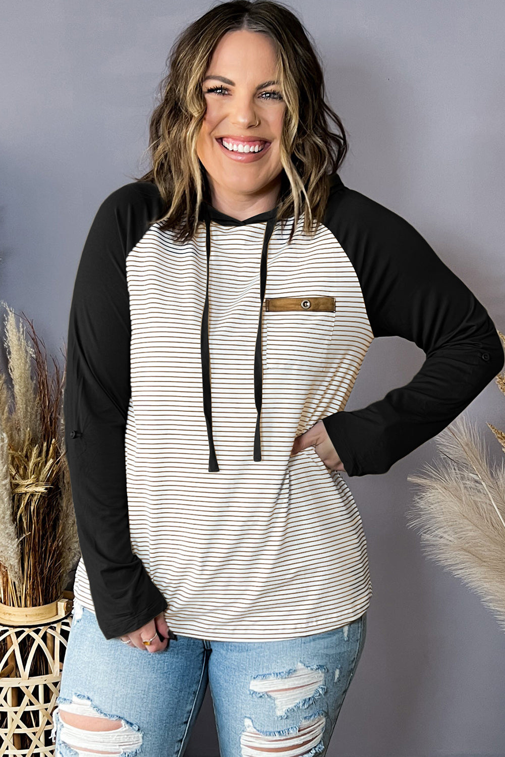 Black Striped Plus Size Hoodie with Raglan Sleeves & Buttoned Chest Pocket