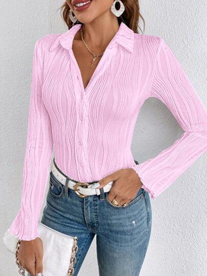 Collared Neck Long Sleeve Shirt Carnation Pink