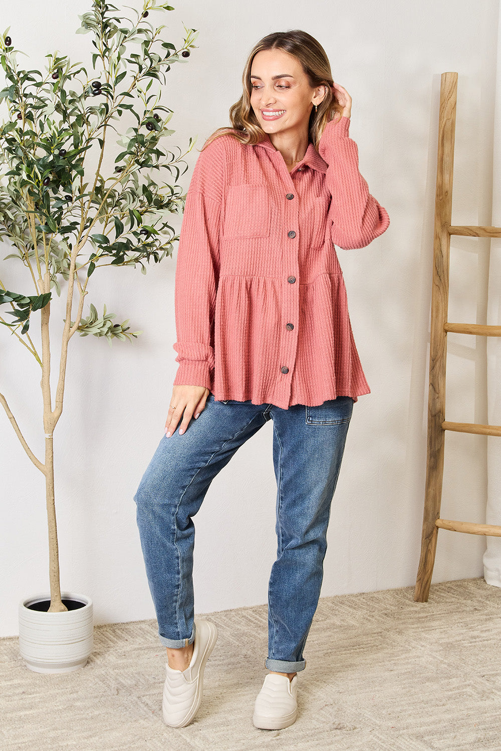 Heimish Full Size Waffle-Knit Button Down Blouse