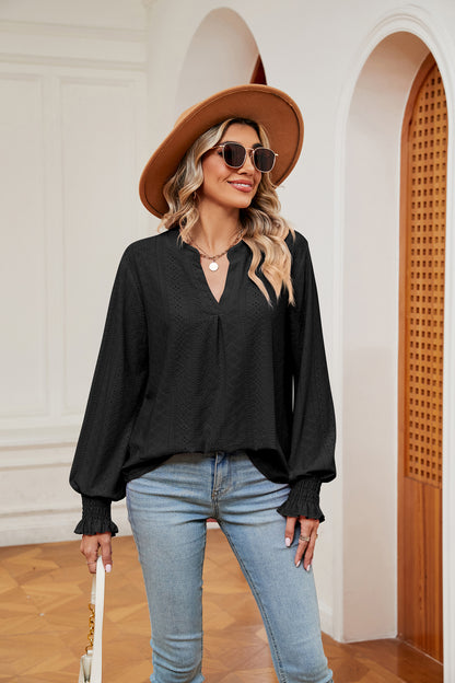 Notched Neck Flounce Sleeve Blouse