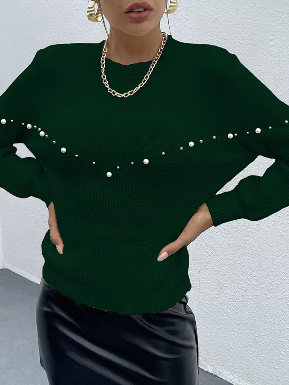 Pearl Detail Round Neck Sweater Black Forest