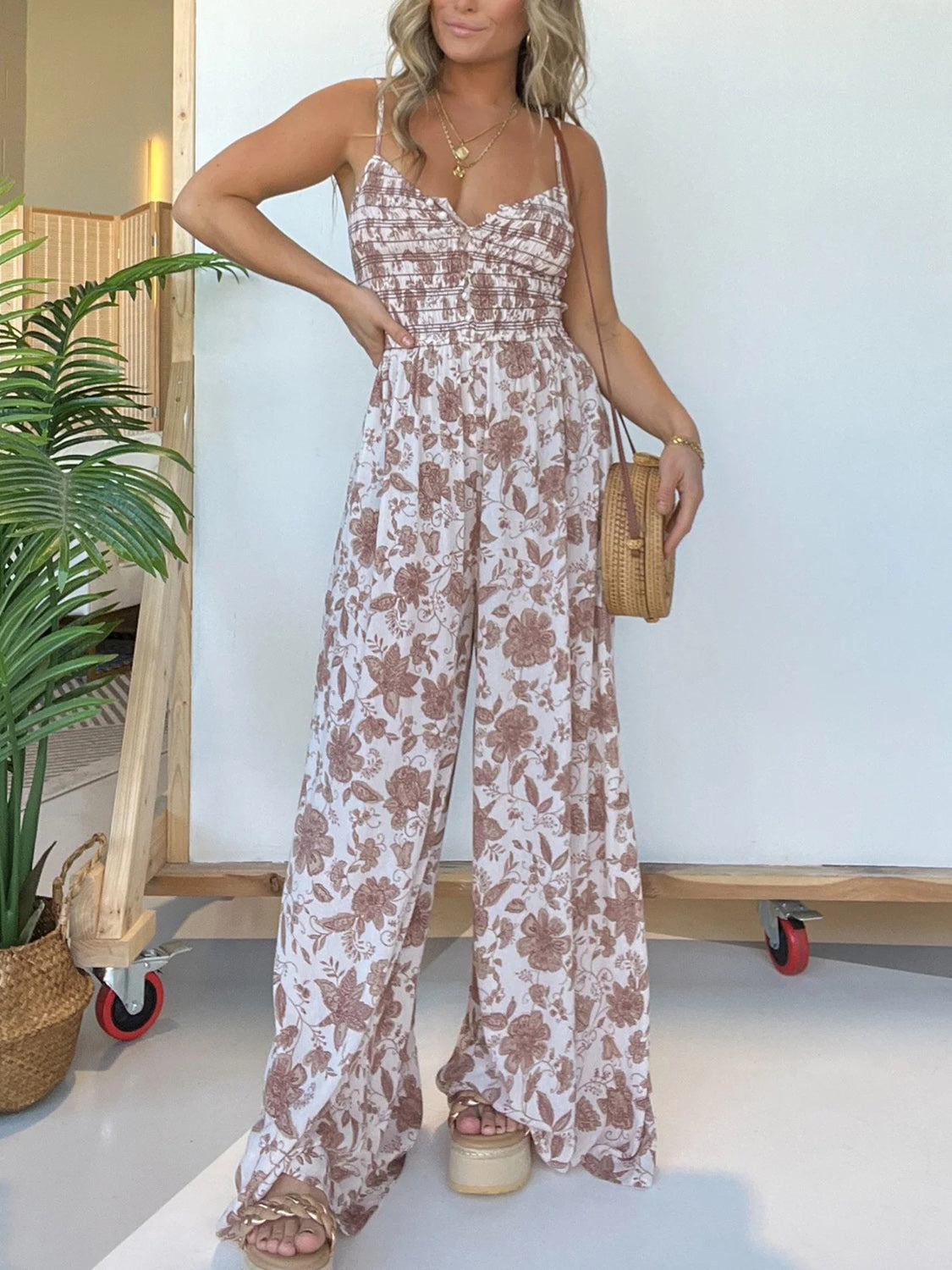 Full Size Printed Spaghetti Strap Wide Leg Jumpsuit Mocha