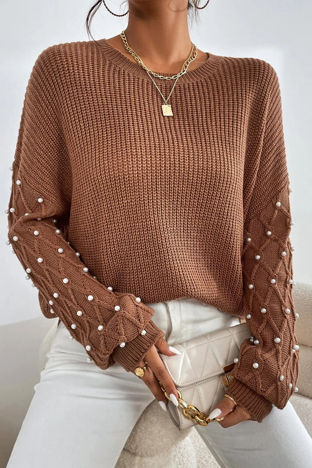 Pearl Detail Round Neck Long Sleeve Sweater Brown