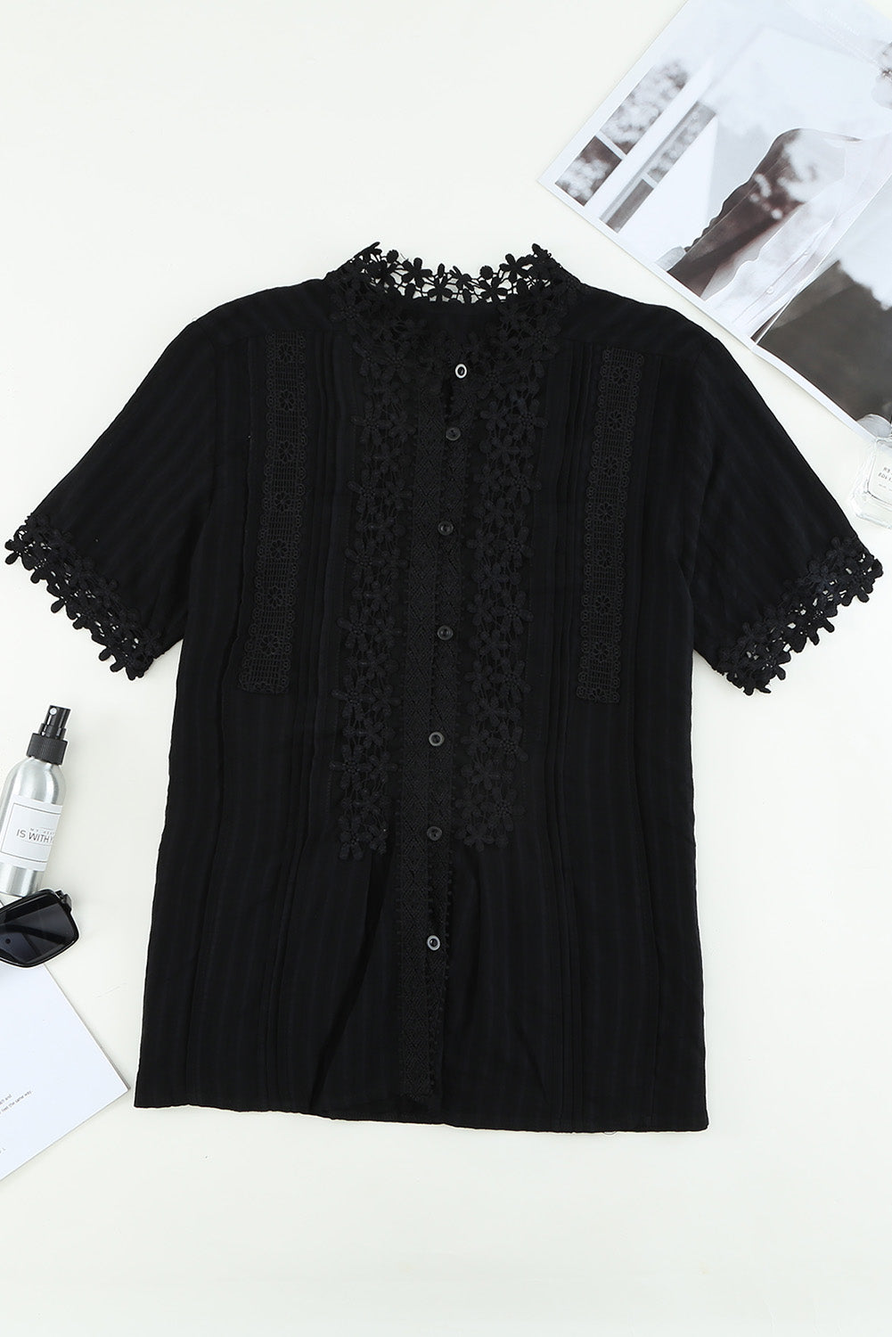 Lace Detail Button Up Short Sleeve Shirt - Thandynie