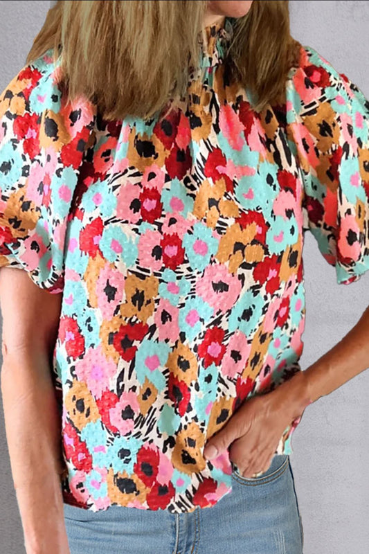 Printed Mock Neck Short Sleeve Blouse Multicolor