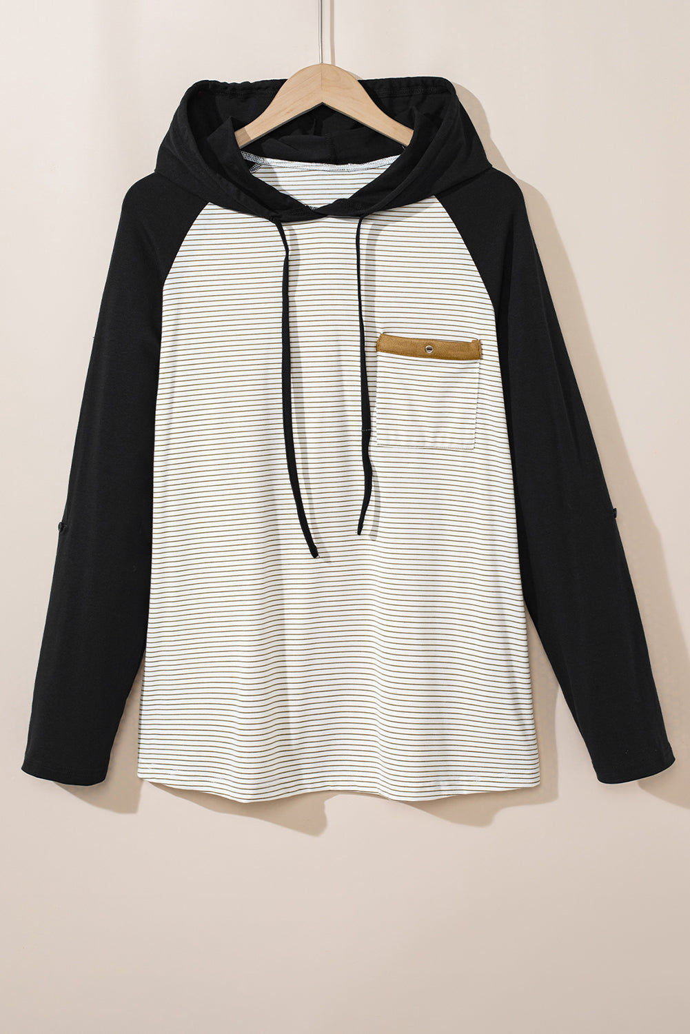 Black Striped Plus Size Hoodie with Raglan Sleeves & Buttoned Chest Pocket