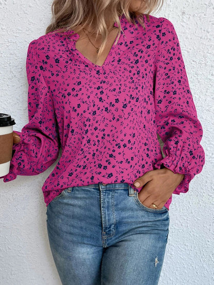 Notched Neck Flounce Sleeve Blouse Hot Pink