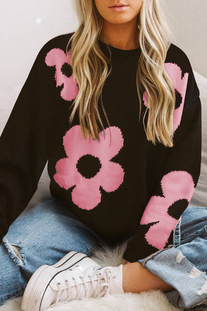 Round Neck Floral Pattern Color Contrast Design Long Sleeve Sweater