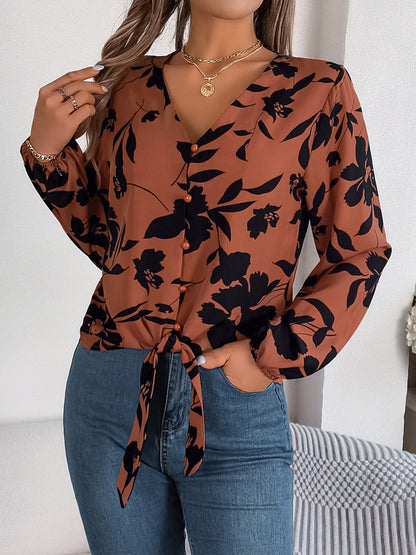 Printed V-Neck Long Sleeve Blouse Brown