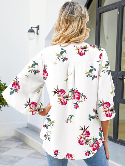 Printed Notched Half Sleeve Blouse White