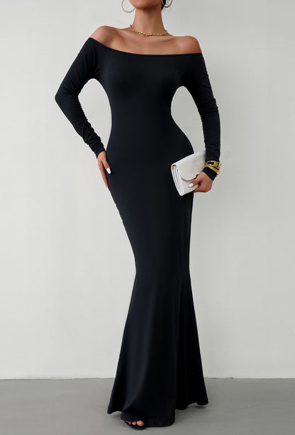 Off-Shoulder Long Sleeve Maxi Dress Black