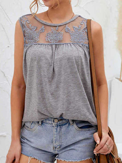 Lace Detail Round Neck Tank Gray