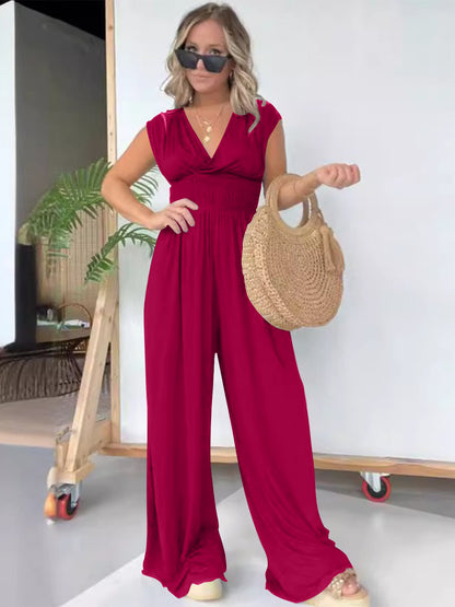 Smocked Cap Sleeve Wide Leg Jumpsuit Red-Violet