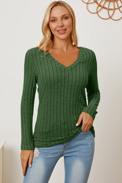 Basic Bae Full Size Ribbed V-Neck Long Sleeve T-Shirt Green