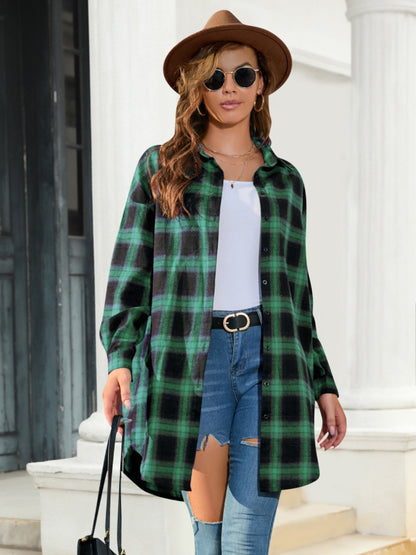 Plaid Button Up Dropped Shoulder Shirt Dark Green