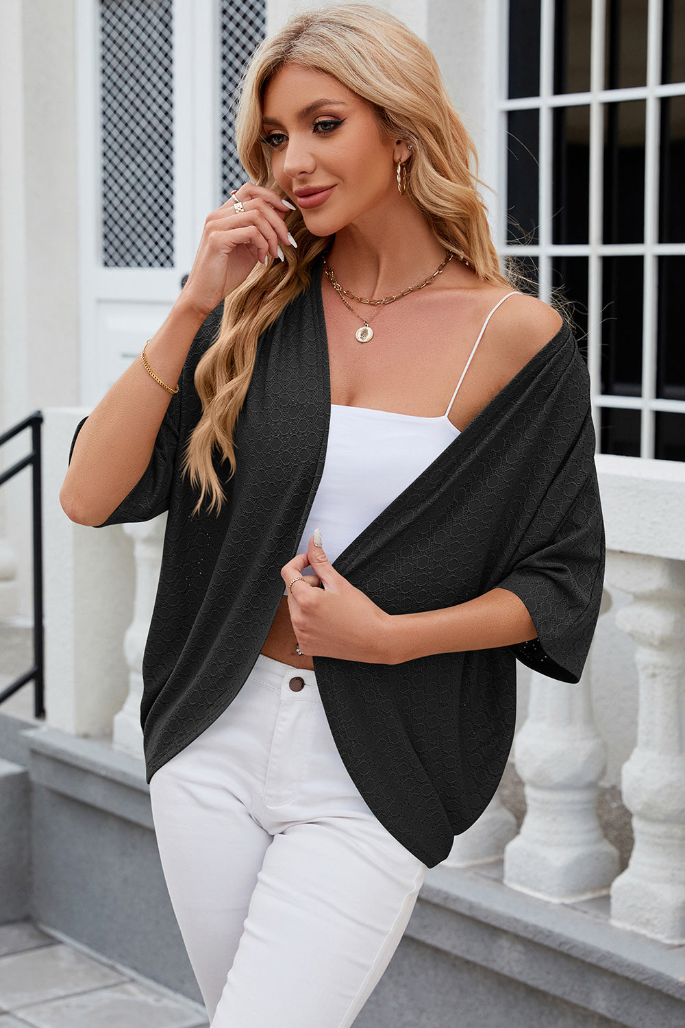 Eyelet Open Front Half Sleeve Cardigan - Thandynie