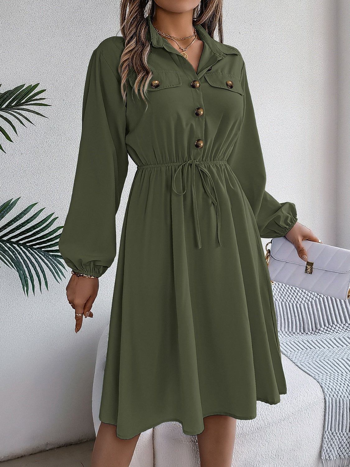 Collared Neck Long Sleeve Dress with Pockets Army Green