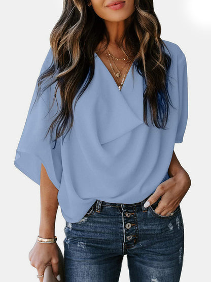 Full Size Cowl Neck Three-Quarter Sleeve Blouse Light Blue