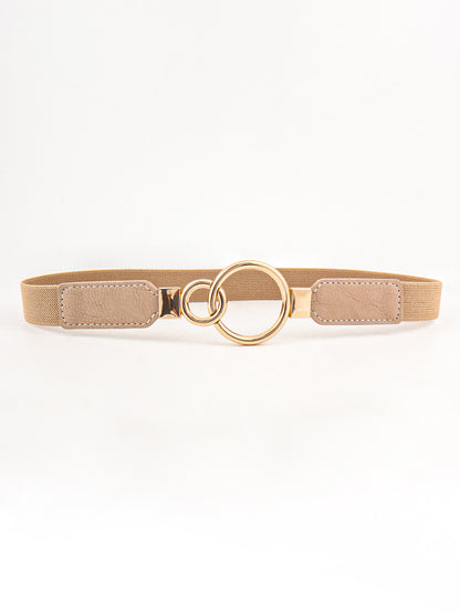 Double Ring Buckle Elastic PU Belt Tan One Size